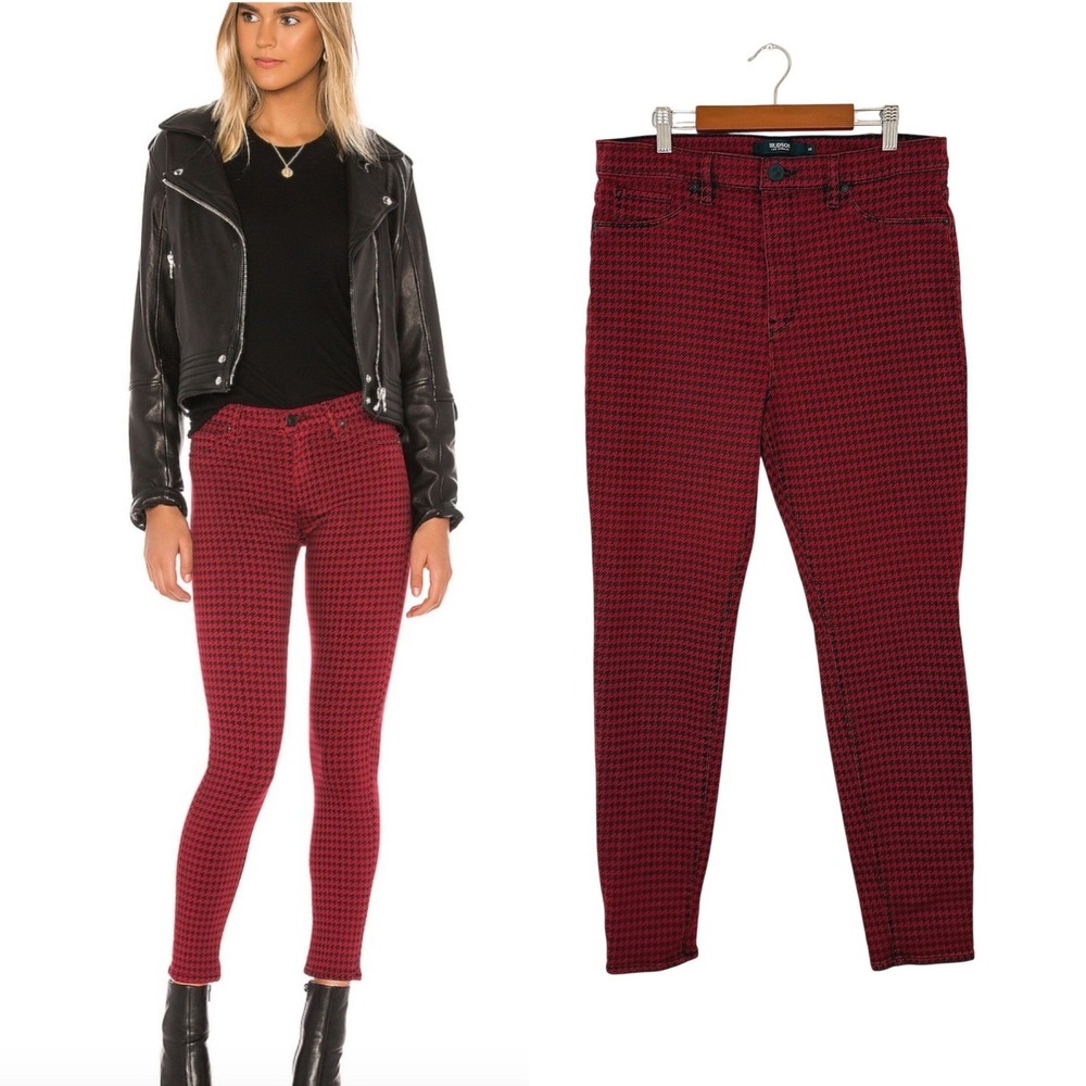 NWOT New Hudson Barbara High Rise Super Skinny Stretch Jeans Houndstooth Red 32